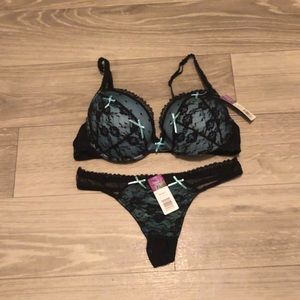 38c bra set blue black lace matching XL extra large thong panty underwear